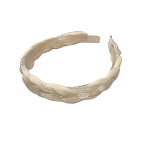 Elegant beige braided crystal headband with satin ribbon design and non-slip inner grip