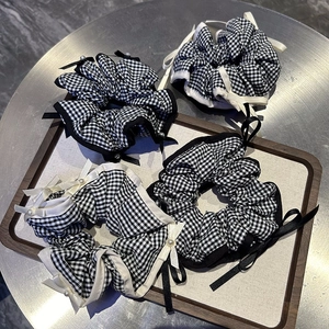 Vintage Gingham Scrunchies For Women French Style Bow Ribbon Hair Ring With Faux Artificial Pearl Sweet Checkered Ponytail Holder