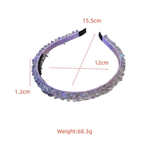 Detail showing dimensions and anti-slip comb of purple crystal beaded headband