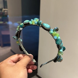 Vintage Luxury Emerald Green Beaded Headband Handmade Artificial Crystal Rhinestone Hair Band For Women Elegant Party Hair Accessories