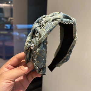 Vintage Denim Fabric Star Embroidered Headband Wide Twist Knotted Hairband Light Blue Denim Hair Accessories For Women