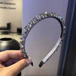 Elegant beaded headband with faceted grey crystals and silver stones for women