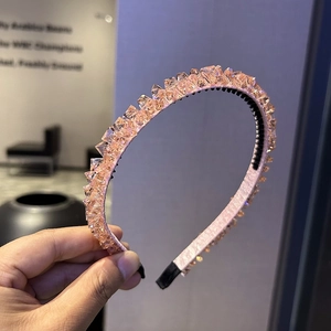Handmade pink crystal beaded headband with sparkling faceted stones and non-slip inner teeth
