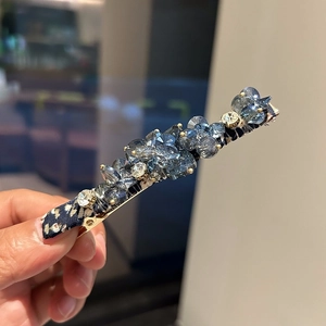 Korean Style Vintage Blue Artificial Crystal Hair Clip Gold Alloy Duckbill Clip With Floral Fabric Handmade Hair Accessory
