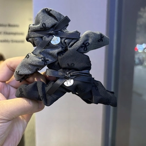Fashionable denim fabric bow hair scrunchies with silver charms and butterfly patterns