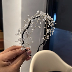 Exquisite handmade crystal beaded headband with gold wire woven branch design for brides