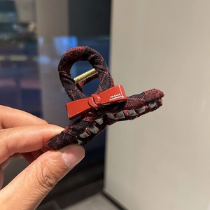 Elegant red plaid hair claw clip with a stylish bowknot for women hair accessories