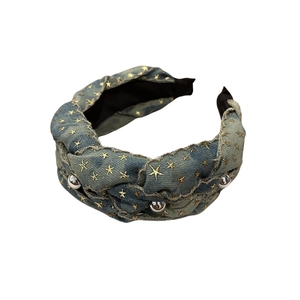 Handmade braided blue denim headband with gold embroidered stars and silver beads