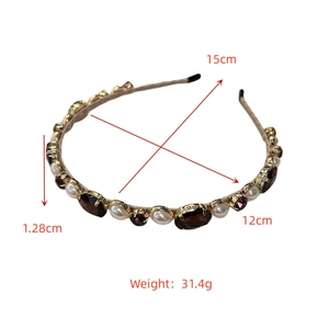 Detail showing pearl and brown rhinestone headband measurements and 31.4g weight