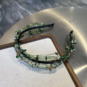 Green crystal beaded headband with handmade braided twist and sparkling sequins
