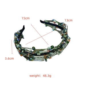 Detail view of woven crystal headband showing size 15cm height and 3.6cm width dimensions