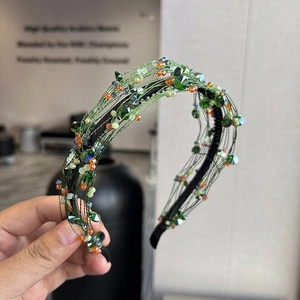 Luxury Forest Style Handmade Woven Green Headband With Colorful Artificial Crystal Beads Fashion Hair Accessories For Women Party
