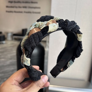 Korean Style Wide Braided Star Headband For Women Denim And Faux Leather Mixed Material Hair Hoop Retro Hair Accessories
