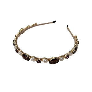 Elegant gold headband featuring vintage brown crystals, purple rhinestones and pearls