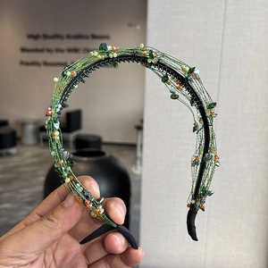 Green woven headband with colorful crystal beads and non-slip teeth for women