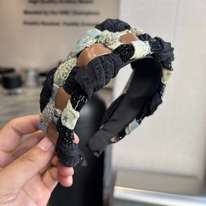 Braided denim headband with gold stars and chunky black rope in Korean style design