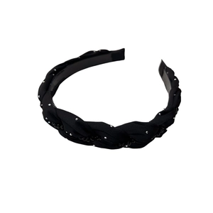 Cerchietto intrecciato nero con strass brillanti e design in tessuto a spirale