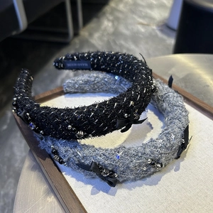 Vintage tweed knit headbands in black and grey with beads and handmade bow detail