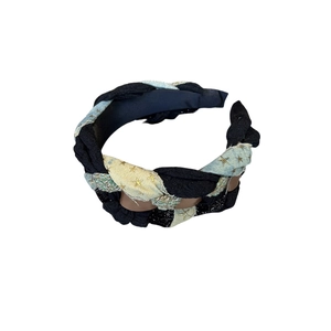 Denim star pattern woven headband featuring braided blue yellow and black fabric