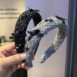 Vintage Tweed Style Plush Headband With Bowknot Rhinestones Elegant Retro Chic Hair Band For Women Hair Accessories Gift