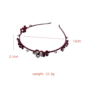 Serre-tête en velours bordeaux avec fleurs en cristal et perles blanches, taille 12cm