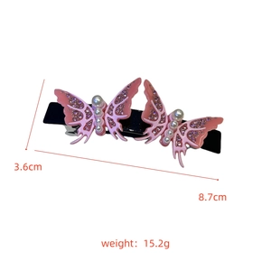 Detailed dimensions of pink acetate butterfly hair clip showing 8.7cm length and pearls