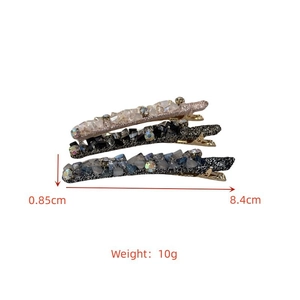 Detailed size view of three beaded crystal hair clips showing 8.4cm length and 0.85cm width