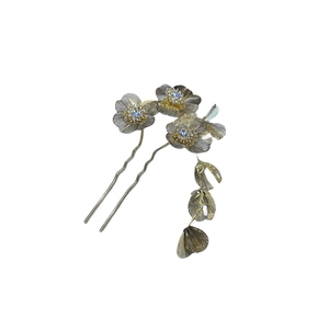 Elegant Chinese gold woven flower hairpins with blue gemstone accents and leaf tassels