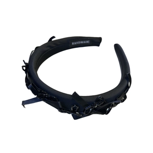 Retro handmade black satin headband with bow and beaded details for women