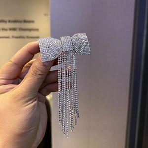 Sparkly Rhinestone Tassel Bowknot Hair Clip For Women Back Of Head Spring Clip Silver Alloy Elegant Wedding Party Jewelry