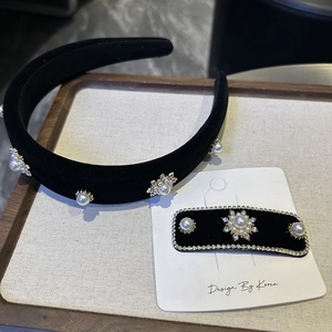Vintage Black Velvet Headband Hair Clip Set With Faux Artificial Pearl Rhinestone Flower Elegant Baroque Hair Accessories For Women