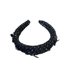 Elegant vintage black tweed headband with silver glitter and bead decorations