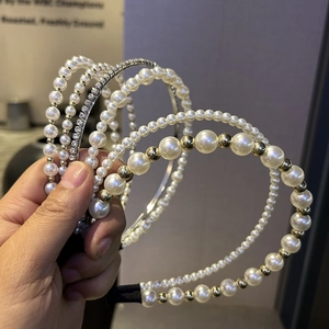 Elegant Double Layer Faux Artificial Pearl Rhinestone Headband Fashion Gold Silver Metal Hair Hoop For Women Girls Hair Accessories