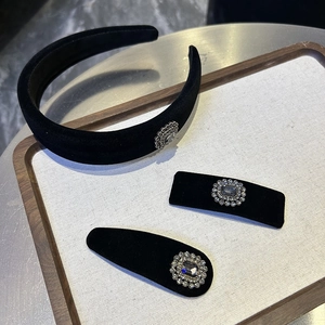 Vintage Black Velvet Padded Headband And Rhinestone Gem Hair Clip Hair Accessories For Women French Style Hairband