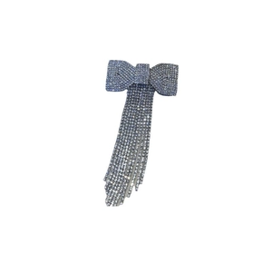 Sparkling silver bow hair clip with crystal diamond tassels for elegant evening dresses