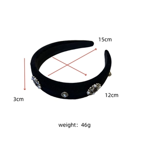 Detailed view showing 3cm width and dimensions of velvet headband with pearls and rhinestones