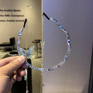 Elegant crystal butterfly tassel headband with blue rhinestones for women's hair accessory