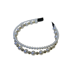 Elegant double-layer pearl headband with gold beads and crystals for women's hair