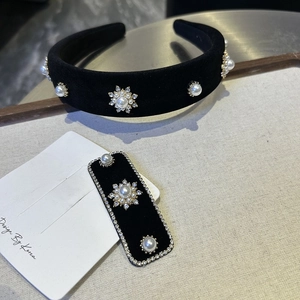 Baroque black velvet headband and hair clip set with pearl and rhinestone flowers