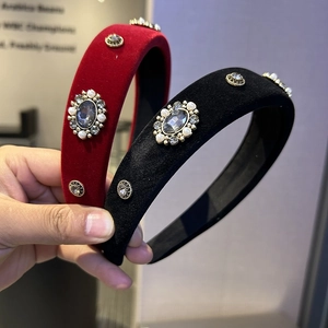 Set of two velvet headbands in black and red with vintage crystal and pearl embellishments