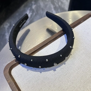 Handmade black padded headband with silver beads and rhinestones for high crown styling