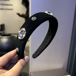 Elegant black velvet thick headband with vintage crystal and pearl embellishments