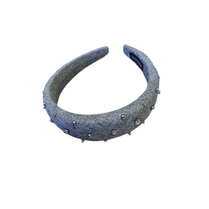 Gray linen padded headband with silver beads and rhinestones for high cranial top look