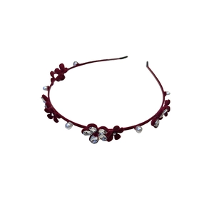 Serre-tête vintage en velours bordeaux avec fleurs, strass et perles pour femme