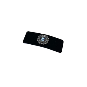 Elegant black velvet headband featuring vintage crystal rhinestones and blue gemstone