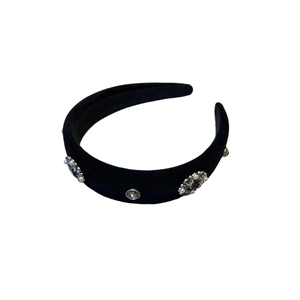 Elegant vintage black velvet headband with sparkling crystals and pearl embellishments