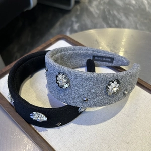 French Vintage Padded Headband For Women Wide Velvet Woolen Sequin Rhinestone Flower Rivet Handmade Hair Hoop Accessories