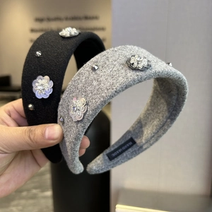 French luxury wide rhinestone flower headbands in black and grey felt wool material