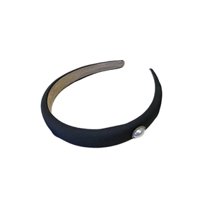 Elegant black satin wide headband with oversized pearl accent in French retro style