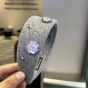 Chic grey wool headband with light blue sequin flowers and sparkling rhinestones